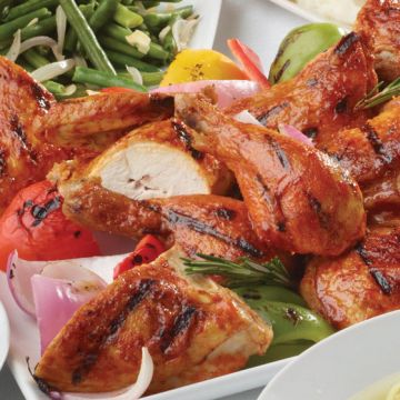 BBQ chicken pieces, grilled assorted vegetables and green beans